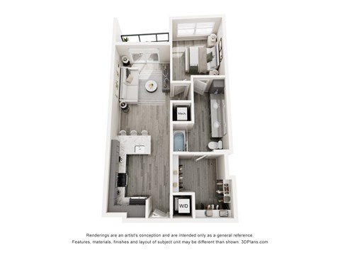 Floor plan for 1 bed, 1 bath, 791 sqft